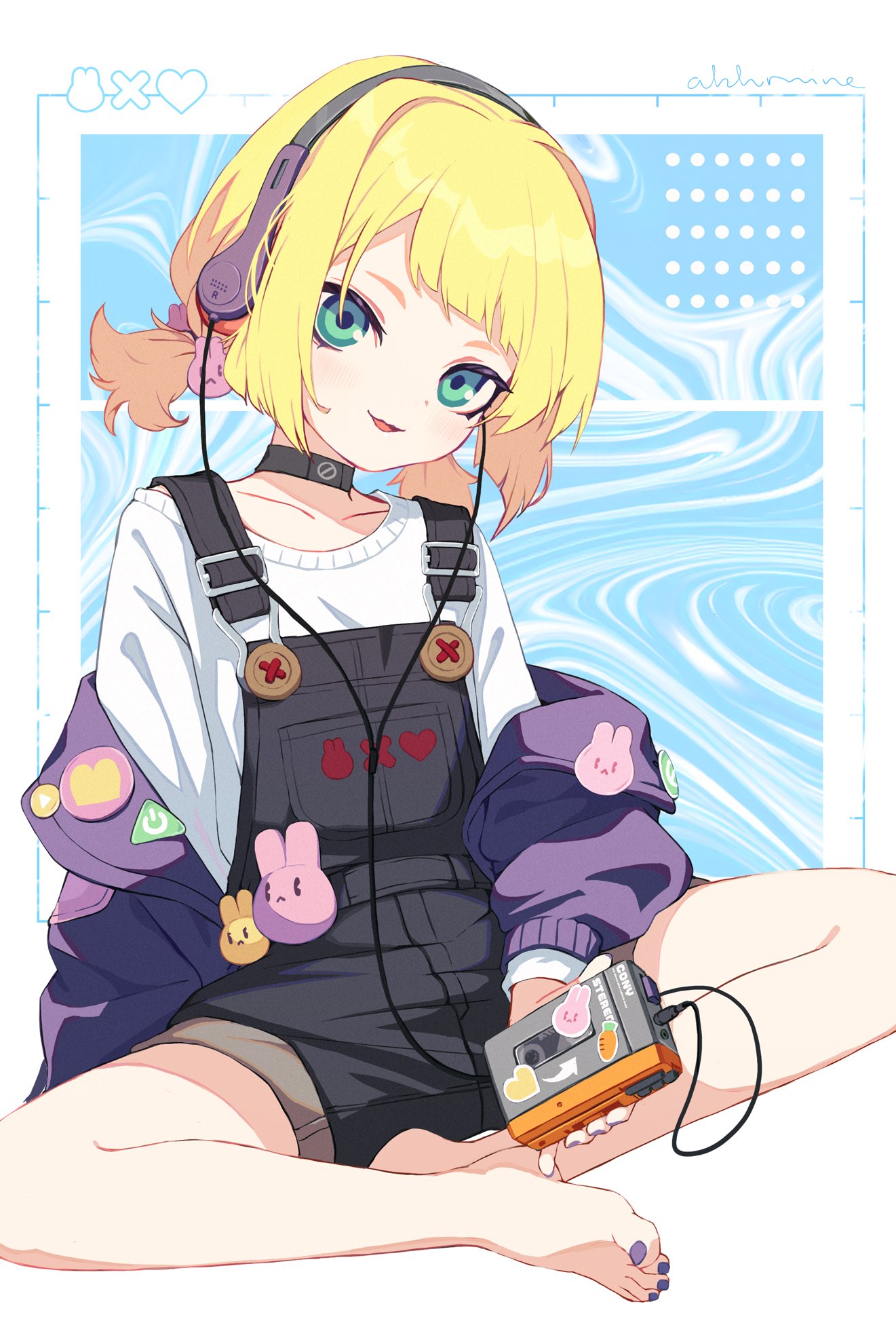 1girl anocco barefoot black_nails black_overalls black_shorts blonde_hair butterfly_sitting choker denim denim_shorts feet green_eyes headphones highres indian_style jacket open_clothes open_jacket original overalls purple_jacket rabbit_ornament short_twintails shorts sitting smile sony thighs toes twintails walkman wavy_background