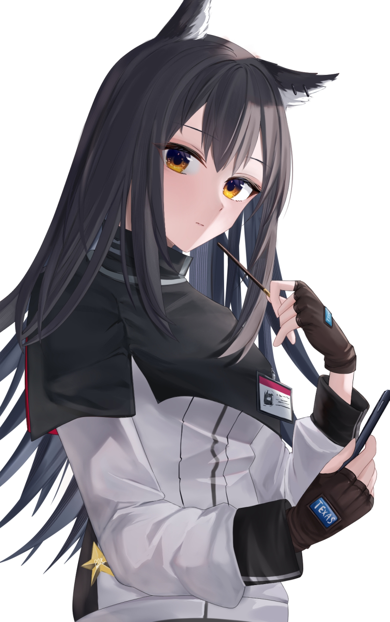1girl animal_ears arknights black_capelet black_hair brown_gloves capelet character_name closed_mouth collared_capelet commentary_request expressionless eyes_visible_through_hair fingerless_gloves food gloves hands_up high_collar highres holding holding_food jacket long_hair long_sleeves looking_at_viewer partial_commentary pocky shouga_chahan simple_background solo star_(symbol) texas_(arknights) upper_body white_background white_jacket wolf_ears wolf_girl yellow_eyes