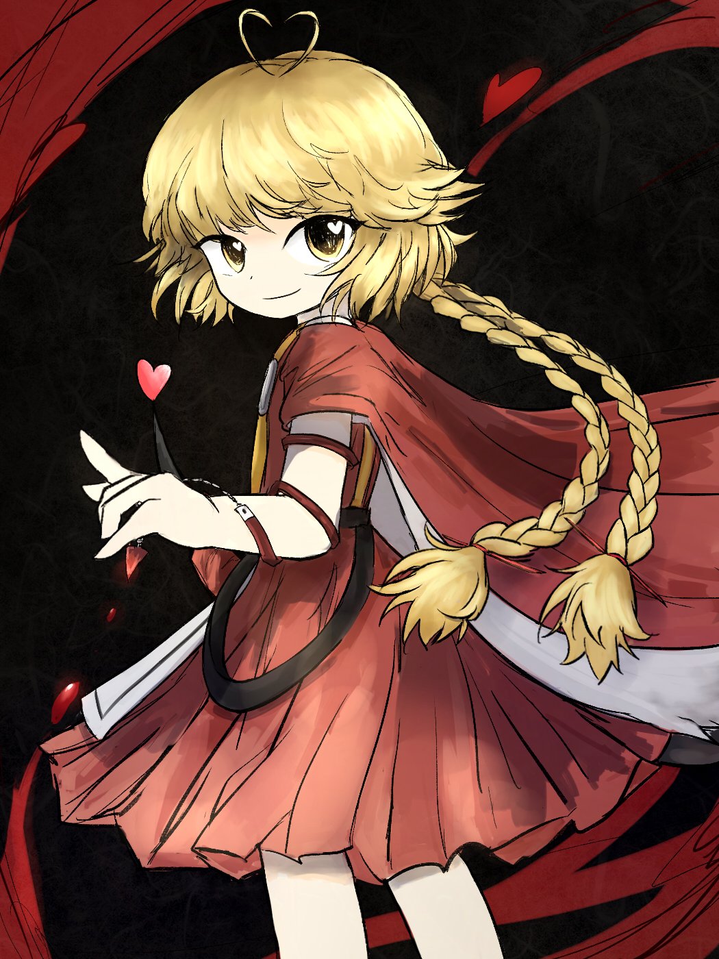 1other androgynous antenna_hair arm_ribbon armor black_background blonde_hair blood blood_drop braid breastplate cape closed_mouth cowboy_shot from_behind hakama hakama_short_skirt hakama_skirt heart heart_antenna_hair heart_in_eye highres japanese_clothes kimono kuroda_(kurota_ne) len'en long_hair looking_at_viewer looking_back low_twin_braids ooama_no_ake_no_mitori other_focus red_cape red_hakama red_kimono red_ribbon red_skirt ribbon simple_background skirt smile solo symbol_in_eye twin_braids two-sided_cape two-sided_fabric white_cape yellow_eyes