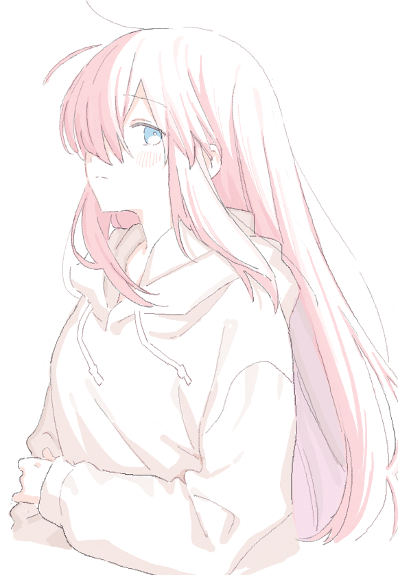 1girl :| blue_eyes blush closed_mouth drawstring expressionless from_side hair_over_one_eye hood hood_down hoodie limited_palette long_hair long_sleeves looking_at_viewer one_eye_covered original pink_hair profile sideways_glance simple_background sk_tsu96 sleeves_past_wrists solo straight_hair upper_body white_background white_hoodie