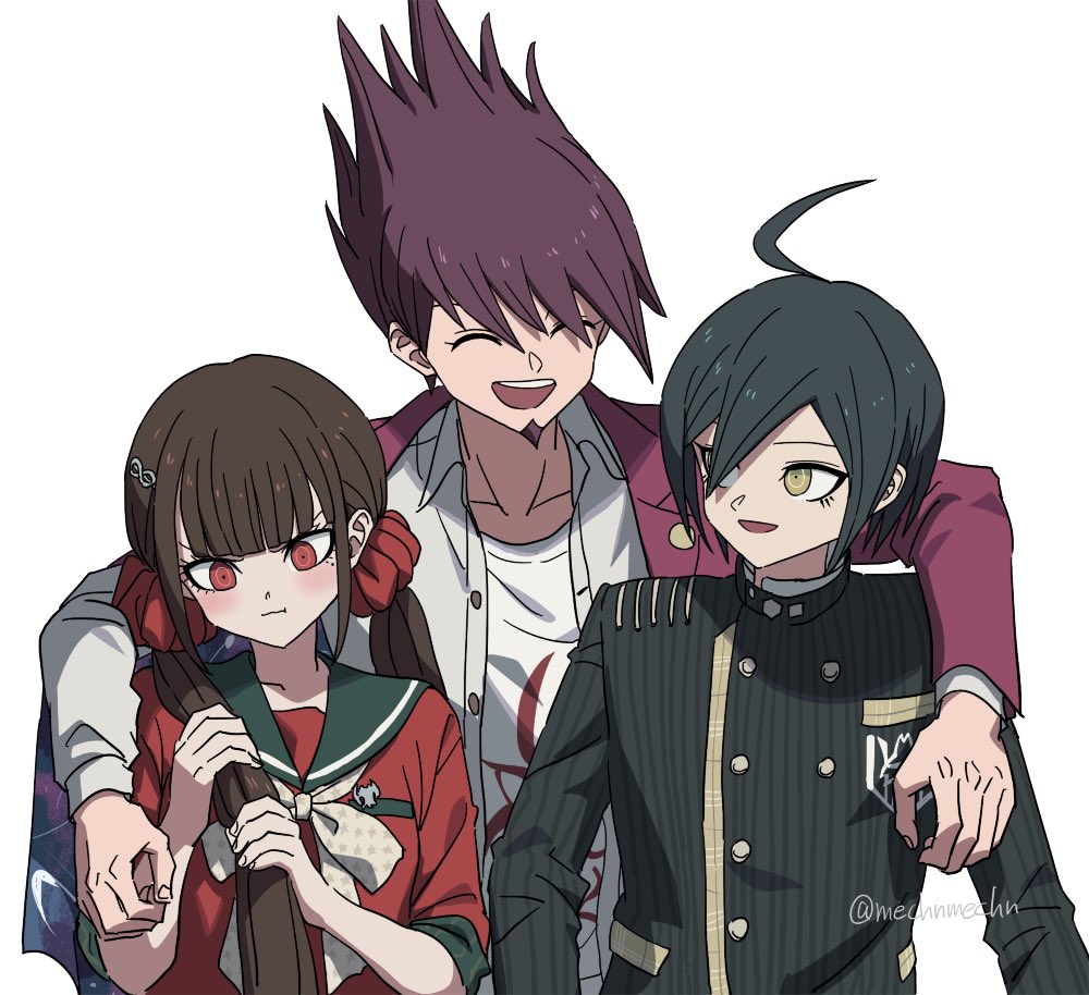1girl 2boys :d ahoge arm_around_shoulder black_jacket black_sailor_collar blunt_bangs blush bow bowtie breast_pocket brown_eyes brown_hair buttons danganronpa_(series) danganronpa_v3:_killing_harmony double-breasted hair_ornament hairclip harukawa_maki jacket long_hair long_sleeves looking_at_another mechnmechn mole mole_under_eye momota_kaito multiple_boys open_clothes open_shirt pink_jacket pocket pout red_eyes red_shirt saihara_shuichi sailor_collar shirt short_hair smile spiky_hair star_(symbol) star_print striped_clothes striped_jacket twintails upper_body white_bow white_bowtie white_shirt