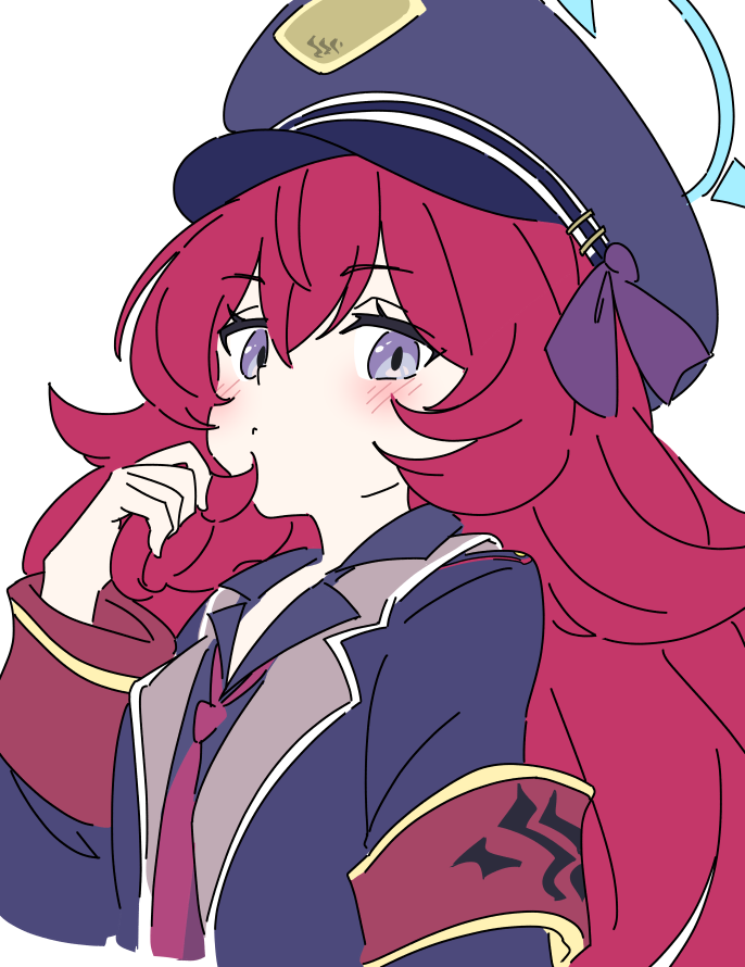 1girl armband black_headwear black_shirt blue_archive blue_halo blush collared_shirt grey_eyes hair_between_eyes halo hat iroha_(blue_archive) ixy long_hair necktie peaked_cap red_armband red_necktie redhead shirt simple_background solo upper_body white_background