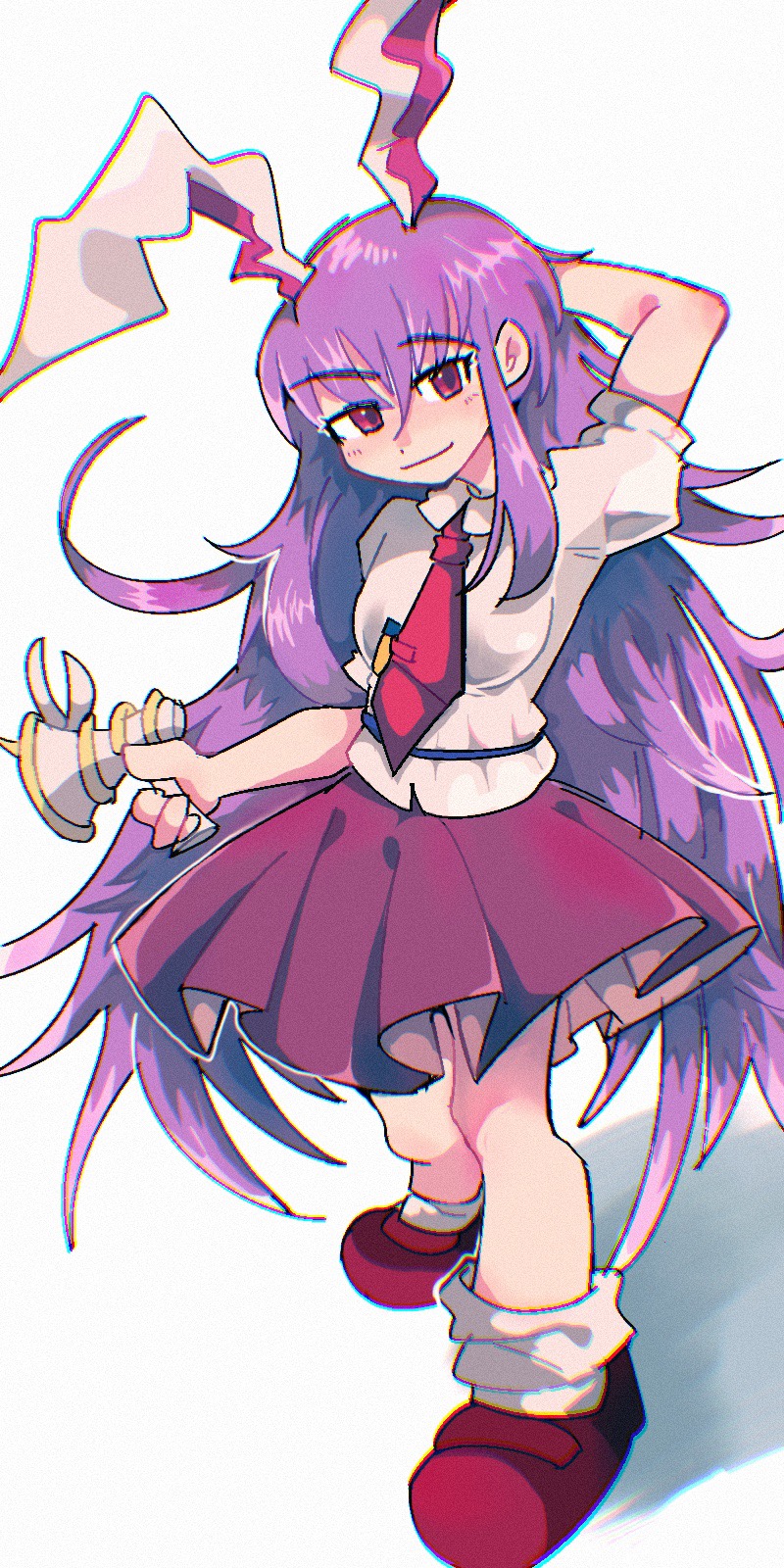 1girl animal_ears arm_behind_head bobby_socks breasts chinese_commentary chromatic_aberration closed_mouth collared_shirt commentary_request film_grain full_body highres holding holding_megaphone long_hair medium_breasts megaphone motomoka necktie pleated_skirt puffy_short_sleeves puffy_sleeves purple_hair rabbit_ears rabbit_girl red_eyes red_footwear red_necktie red_skirt reisen_udongein_inaba shirt short_sleeves skirt smile socks solo tie_clip touhou white_shirt white_socks