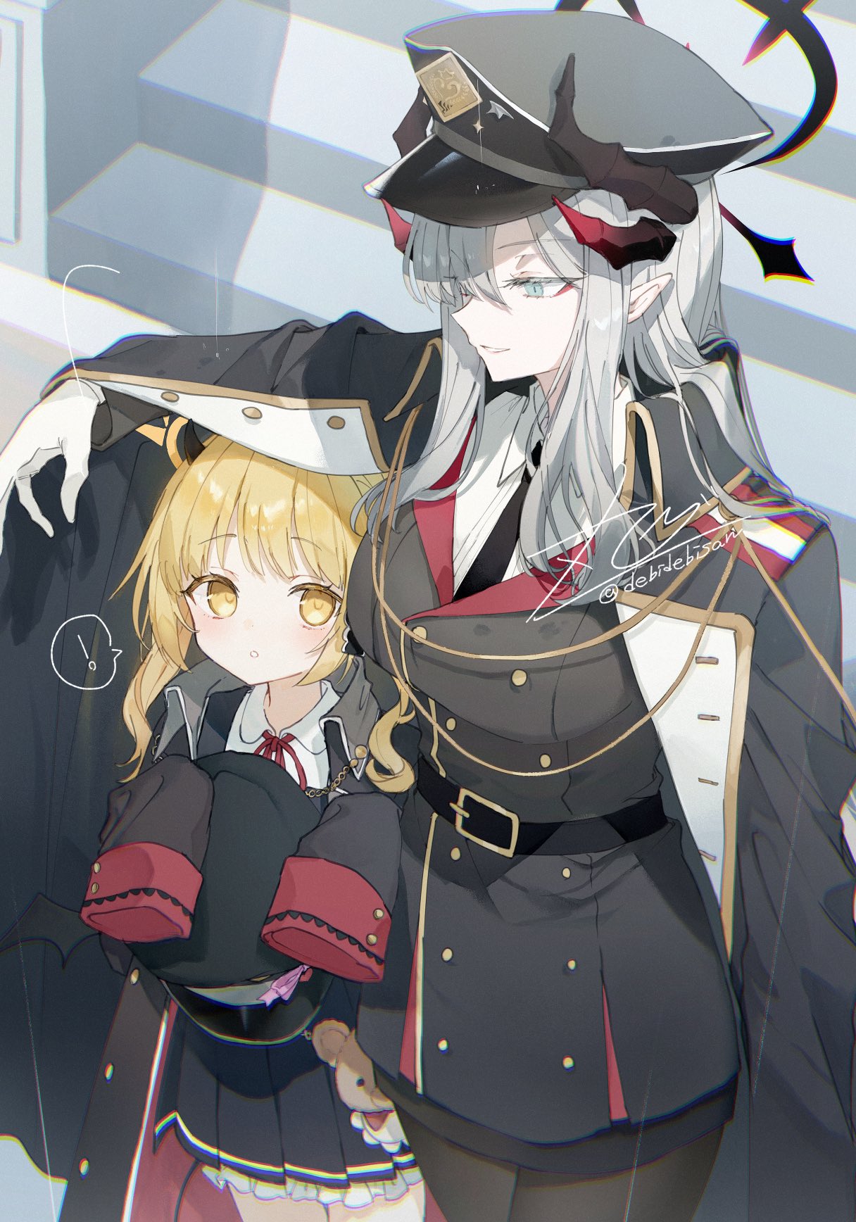 ! 2girls black_dress black_jacket black_necktie black_pantyhose blonde_hair blue_archive blue_eyes blush bow breasts buttons chibirisu collared_shirt cowboy_shot demon_horns demon_wings double-breasted dress gloves grey_hair hair_over_one_eye halo hat hat_bow highres holding holding_clothes holding_hat horns ibuki_(blue_archive) jacket long_hair looking_at_another low_wings makoto_(blue_archive) medium_hair military_jacket military_uniform multiple_girls multiple_horns neck_ribbon necktie pantyhose peaked_cap pinafore_dress pleated_dress pointy_ears rain red_ribbon ribbon shirt sidelocks signature sleeveless sleeveless_dress sleeves_past_fingers sleeves_past_wrists spoken_exclamation_mark stuffed_animal stuffed_toy teddy_bear twitter_username uniform white_gloves white_shirt wings yellow_eyes