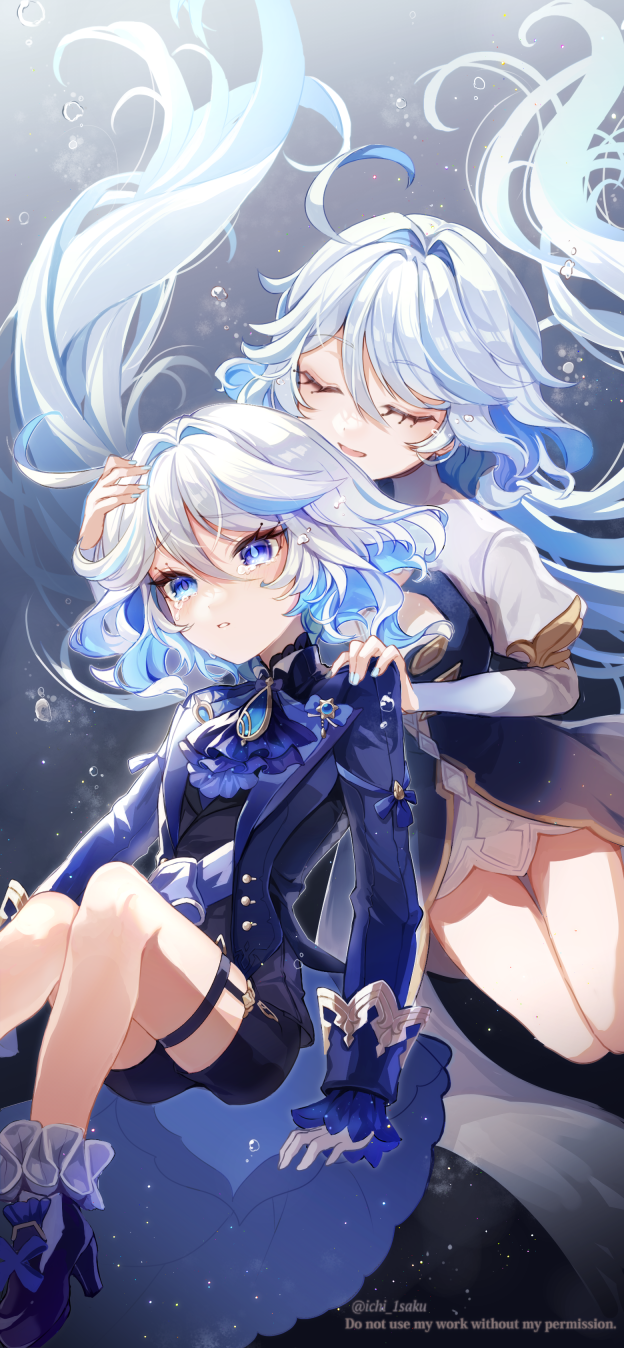 2girls ahoge blue_eyes blue_hair blue_jacket blue_shorts bow closed_eyes commentary_request crying crying_with_eyes_open feet_out_of_frame flat_chest focalors_(genshin_impact) footwear_bow furina_(genshin_impact) genshin_impact grey_hair hair_between_eyes hair_intakes high_heels highres ichiyume_ichiyu jacket light_blue_hair long_hair long_sleeves medium_hair mismatched_pupils multicolored_hair multiple_girls open_mouth parted_lips shorts sleeve_cuffs tears thigh_strap twitter_username underwater very_long_hair white_hair
