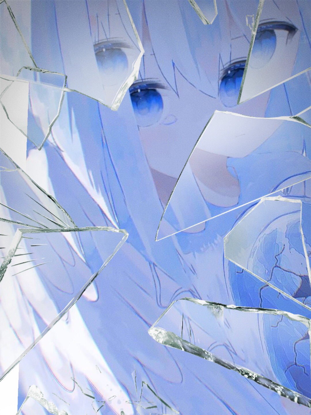1girl blue_eyes chihono_0 closed_mouth covered_mouth expressionless glass_shards hair_between_eyes highres long_hair looking_at_viewer original sidelocks solo tearing_up upper_body white_hair
