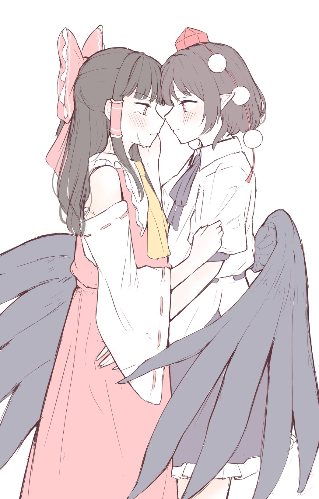 2girls ascot bird_wings black_hair black_skirt black_wings blush bow brown_hair chilwell_seele closed_mouth clothes_grab collared_shirt commentary crying crying_with_eyes_open detached_sleeves frilled_bow frilled_hair_tubes frills hair_bow hair_tubes hakurei_reimu hand_on_another's_cheek hand_on_another's_face hat highres long_hair multiple_girls pointy_ears red_bow red_eyes red_headwear red_skirt ribbon-trimmed_sleeves ribbon_trim shameimaru_aya shirt short_hair short_sleeves skirt skirt_set sleeve_grab smile tears tokin_hat touhou white_shirt wings yellow_ascot yuri