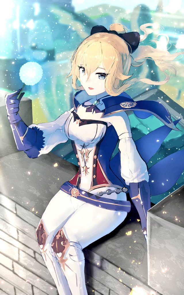 1girl :d arm_at_side black_bow blonde_hair blue_cape blue_eyes blue_gloves bow breasts brick_wall cape dandelion detached_sleeves dot_nose en_(zeroartwo3) feet_out_of_frame floating_hair flower genshin_impact gloves hair_between_eyes hair_bow holding holding_plant jean_(genshin_impact) legs_together light_particles long_sleeves looking_at_viewer medium_breasts open_mouth pants plant shirt sidelocks sitting sitting_on_wall smile solo strapless strapless_shirt thighs white_pants white_shirt white_sleeves