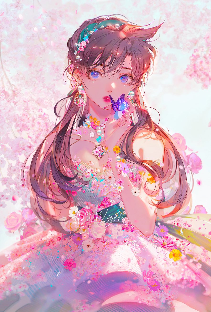 1girl amulet bare_shoulders black_hair blue_eyes bug butterfly butterfly_on_hand collarbone dress floral_background flower flower_necklace highres long_hair looking_at_viewer meitantei_conan mian_lang mouri_ran solo strapless strapless_dress tagme