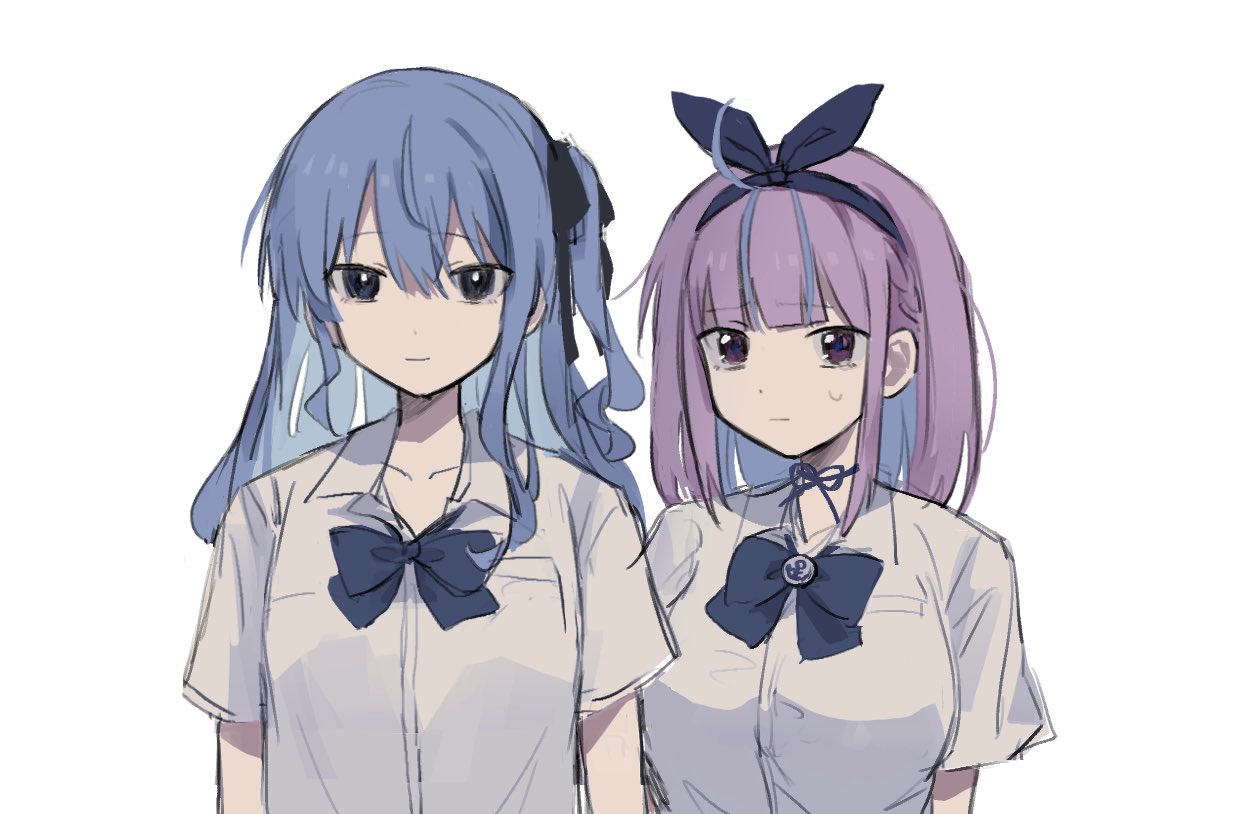 2girls ahoge blue_eyes blue_hair blue_ribbon blunt_bangs blush breasts choker closed_mouth collarbone collared_shirt colored_inner_hair commentary_request dress_shirt hair_between_eyes hair_ribbon hololive hoshimachi_suisei large_breasts long_hair looking_at_viewer medium_hair minato_aqua multicolored_hair multiple_girls one_side_up pink_hair ribbon ribbon_choker saifu_(saihu715) shirt short_sleeves sidelocks simple_background small_breasts sweatdrop two-tone_hair upper_body violet_eyes white_background white_shirt