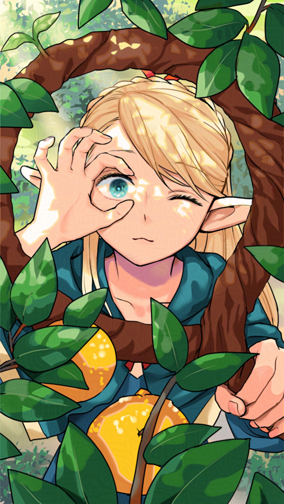 1girl ;3 blonde_hair blue_capelet blue_robe braid capelet dungeon_meshi elf green_eyes holding holding_staff looking_at_viewer marcille_donato one_eye_closed phoen plant pointy_ears robe solo staff
