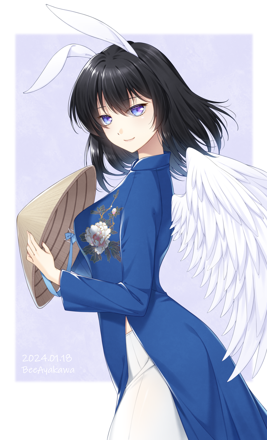 angel_wings animal_ears bibyo black_hair blue_dress blue_eyes commission dress floral_print hat highres holding holding_clothes holding_hat light_smile original pants rabbit_ears rice_hat short_hair skeb_commission smile vietnamese_dress white_pants wings
