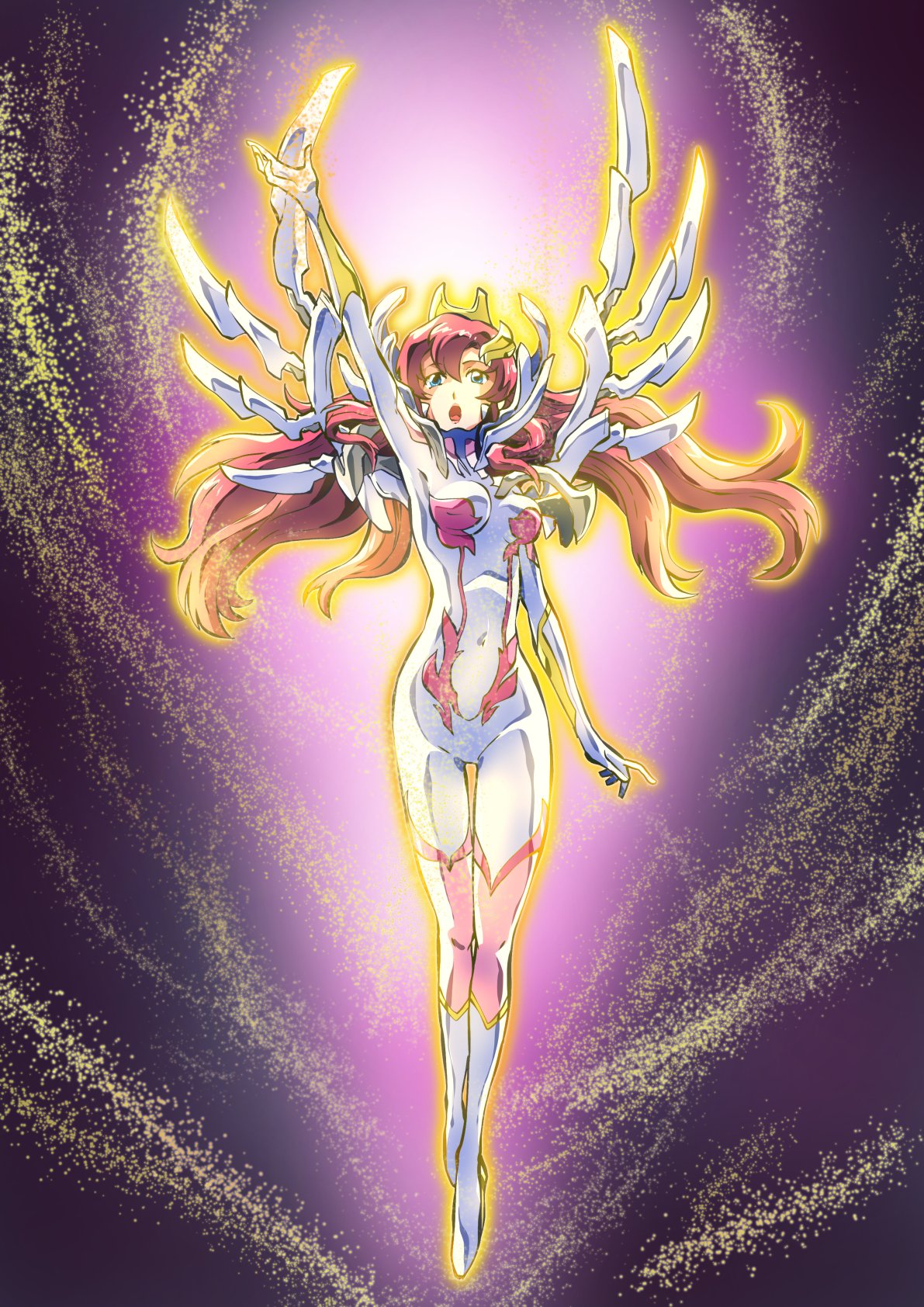 1girl blue_eyes bodysuit breasts glowing gundam gundam_seed gundam_seed_freedom hair_ornament highres lacus_clyne light_particles long_hair normal_suit open_mouth pilot_suit pink_hair science_fiction solo taiga_hiroyuki very_long_hair wings
