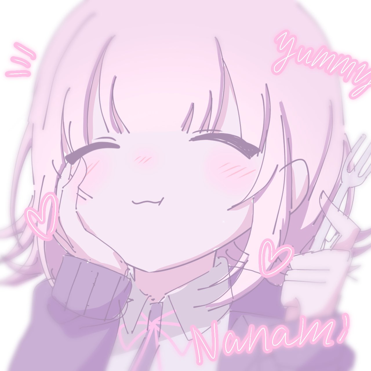 1girl :3 blush character_name closed_eyes closed_mouth collared_shirt danganronpa_(series) danganronpa_2:_goodbye_despair fork hand_on_own_cheek hand_on_own_face heart highres holding holding_fork jacket long_sleeves nabi_(mabinabi0625) nanami_chiaki notice_lines open_clothes open_jacket portrait shirt solo two-tone_shirt