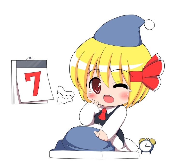 bad_id blonde_hair chibi fang hair_ribbon hat kyokutou_hentai_samurai pun red_eyes ribbon rumia short_hair sleepy solo touhou wink yawning