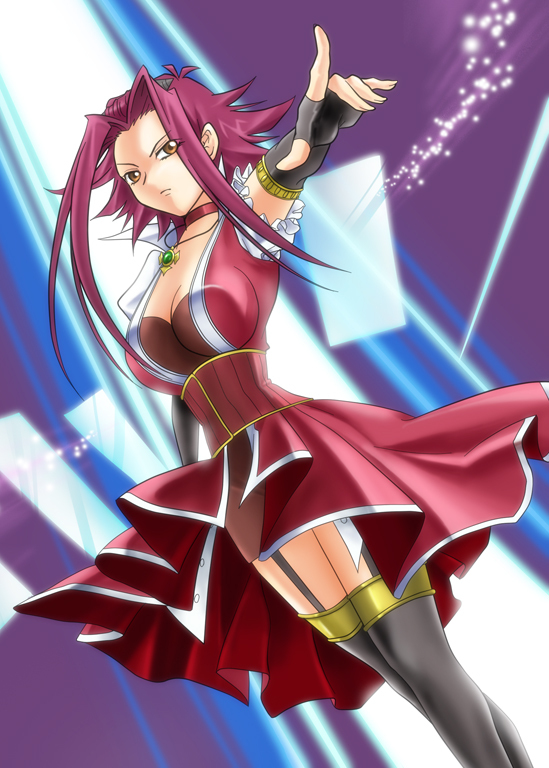 black_legwear black_thighhighs breasts brown_eyes choker cleavage dress dutch_angle elbow_gloves fingerless_gloves gloves izayoi_aki jewelry large_breasts matokichi medal necklace pointing red_hair redhead solo thigh-highs thighhighs yuu-gi-ou yuu-gi-ou_5d's yuu-gi-ou_5d's zettai_ryouiki