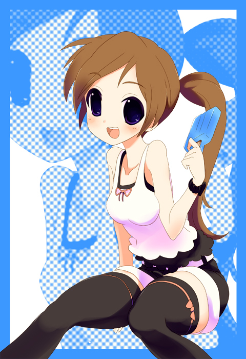 bare_shoulders brown_hair casual long_hair original ponytail popsicle solo sora_to_umi thigh-highs thighhighs zoom_layer
