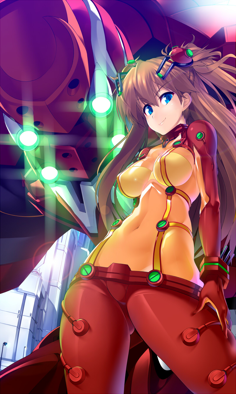 bodysuit brown_hair eva_02 evangelion:_2.0_you_can_(not)_advance hand_on_thigh highres long_hair mecha neon_genesis_evangelion plugsuit potion_(artist) potion_(moudamepo) rebuild_of_evangelion shikinami_asuka_langley skin_tight smile souryuu_asuka_langley test_plugsuit