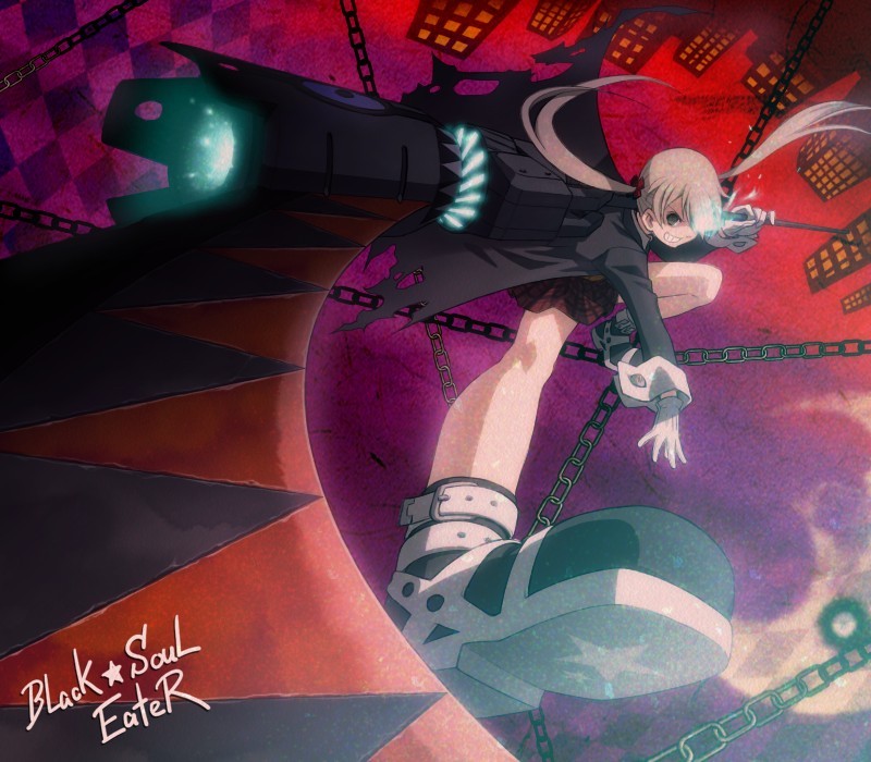 arm_cannon black_rock_shooter_(character) black_rock_shooter_(cosplay) boots chain coat cosplay glowing glowing_eyes long_hair maka_albarn parody rendo scythe skirt solo soul_eater twintails weapon white_hair