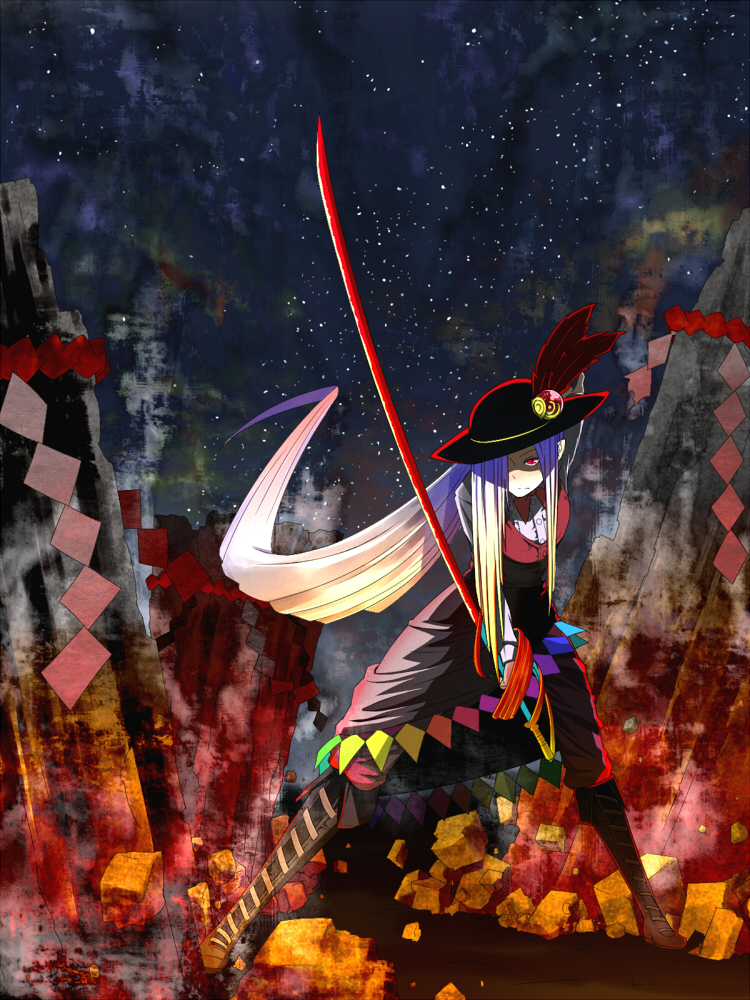 boots feathers gradient_hair hair_over_one_eye hat hinanawi_tenshi koutamii long_hair multicolored_hair night night_sky pose red_eyes sky solo sword sword_of_hisou touhou very_long_hair weapon
