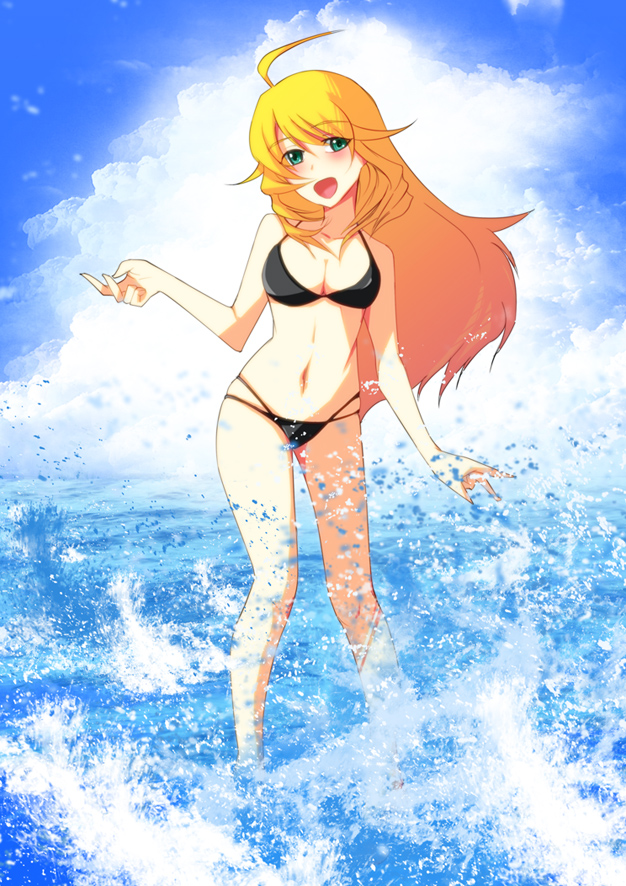 ahoge akenoin akenoin_soumon bad_id bare_shoulders bikini blonde_hair breasts cleavage green_eyes hoshii_miki idolmaster large_breasts long_hair solo splash splashing swimsuit wading water