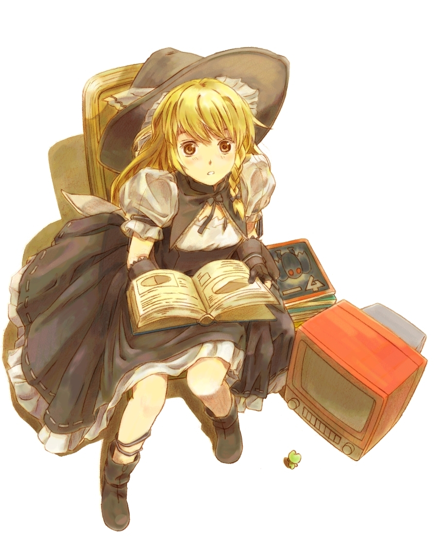 black_gloves blonde_hair book boots braid colored_pencil_(medium) from_above gloves hat kirisame_marisa long_hair looking_up mixed_media mothman nakajimayou see-through side_braid stare surprised television touhou traditional_media wide-eyed witch_hat yellow_eyes
