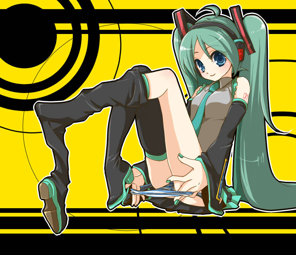 blue_eyes boots detached_sleeves green_hair hatsune_miku long_hair necktie panties pantyshot pantyshot_sitting shoe_dangle sitting skirt smile striped striped_panties tanba_anko thigh-highs thigh_boots thighhighs twintails underwear undressing very_long_hair vocaloid