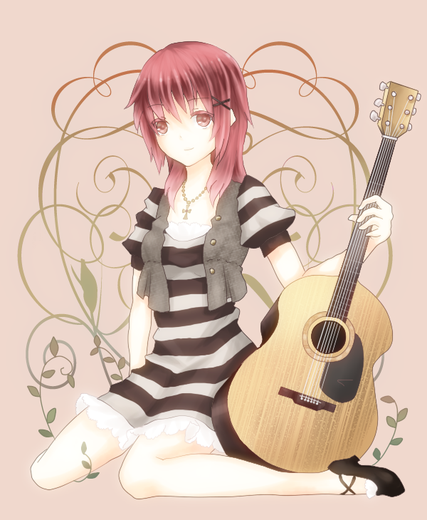 angel_beats! casual dress guitar instrument iwasawa red_eyes red_hair redhead short_hair striped tamae_(jungetsu_fukou) vest
