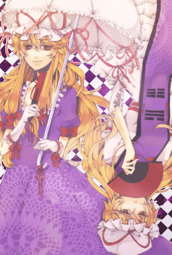 bow checkered closed_fan covering_mouth dual_persona elbow_gloves fan folding_fan gloves hair_bow hat hat_ribbon long_hair ribbon rotational_symmetry touhou umbrella white_gloves yakumo_yukari yellow_eyes