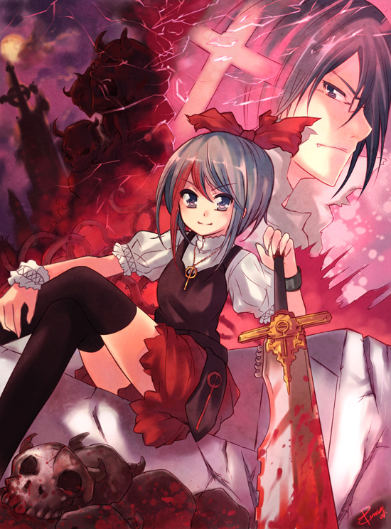 bad_id black_hair black_legwear bow character_request cloud clouds cross fang glasses grey_hair hair_bow horns jewelry moon necklace pcmaniac88 series_request sitting skirt skull sky sword thighhighs thorns weapon wristband