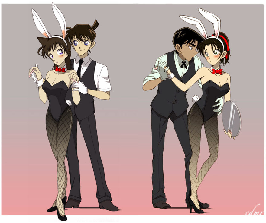 2girls animal_ears bad_id black_hair bunny_ears bunnysuit detective_conan fishnet_pantyhose fishnets gloves gradient gradient_background grey_background hattori_heiji kudou_shin'ichi kudou_shinichi legs long_hair mo_ko mouri_ran multiple_boys multiple_girls pantyhose pink_background rabbit_ears short_hair tooyama_kazuha tray waiter