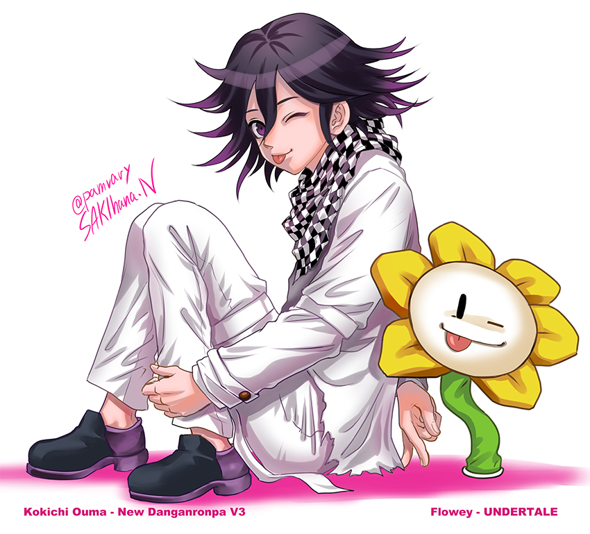 1boy :p arm_belt belt black_eyes black_footwear black_scarf buttons character_name checkered_clothes checkered_scarf closed_mouth copyright_name crossover danganronpa_(series) danganronpa_v3:_killing_harmony flower flowey_(undertale) full_body hair_between_eyes hand_on_own_leg knees_up layered_sleeves long_sleeves looking_at_viewer male_focus medium_hair multiple_belts nabeya_sakihana oma_kokichi one_eye_closed pants purple_hair scarf shadow shirt shoes signature simple_background sitting solid_oval_eyes thigh_belt thigh_strap tongue tongue_out torn_clothes torn_shirt twitter_username two-tone_scarf undertale violet_eyes white_background white_belt white_pants white_scarf white_shirt white_sleeves yellow_flower