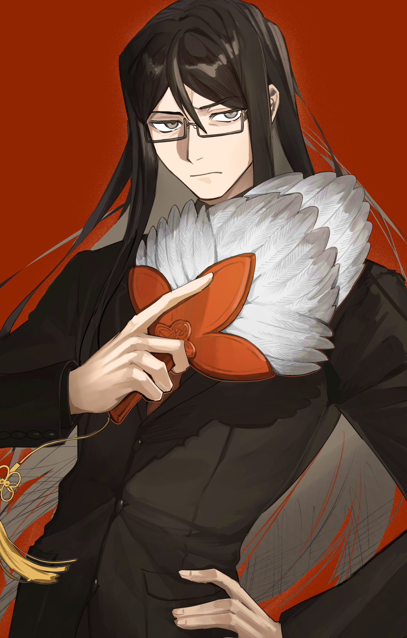 1boy black_hair black_jacket buttons closed_mouth fate_(series) feather_fan glasses grey_eyes hair_between_eyes hand_fan hand_on_own_hip highres holding holding_fan jacket long_sleeves looking_at_viewer lord_el-melloi_ii male_focus rectangular_eyewear solo tokoni_fusu upper_body waver_velvet