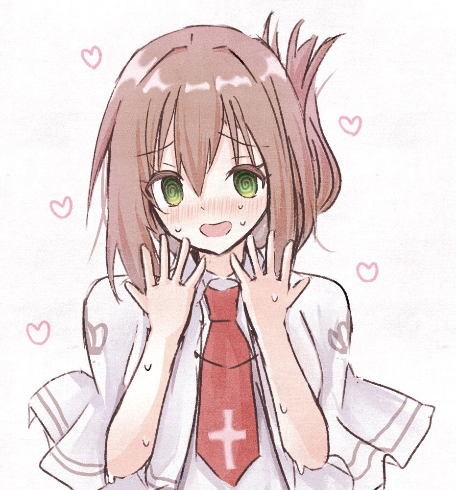 1girl @_@ blush brown_hair capelet colored_eyelashes commentary_request cross_print embarrassed folded_ponytail green_eyes hair_between_eyes hands_up heart looking_at_viewer medium_hair necktie nose_blush open_mouth print_necktie red_necktie sakaniwa_t school_uniform simple_background sketch smile solo subarashiki_hibi sweat tachibana_kimika tareme upper_body white_background white_capelet
