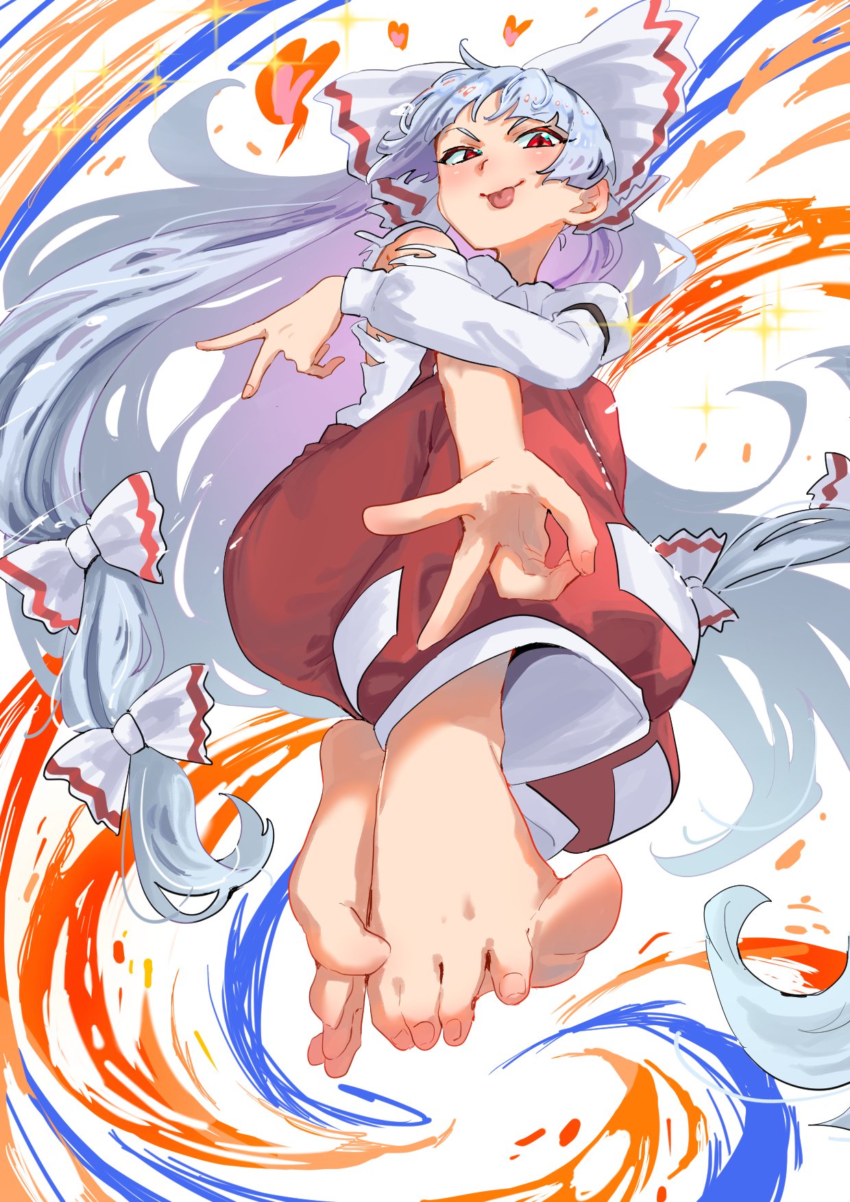 1girl barefoot bow feet from_above fujiwara_no_mokou hair_bow highres long_hair long_sleeves looking_at_viewer multiple_hair_bows overalls red_eyes red_overalls shirt sobayu_to_tenpura solo toes tongue tongue_out touhou v very_long_hair white_background white_bow white_shirt
