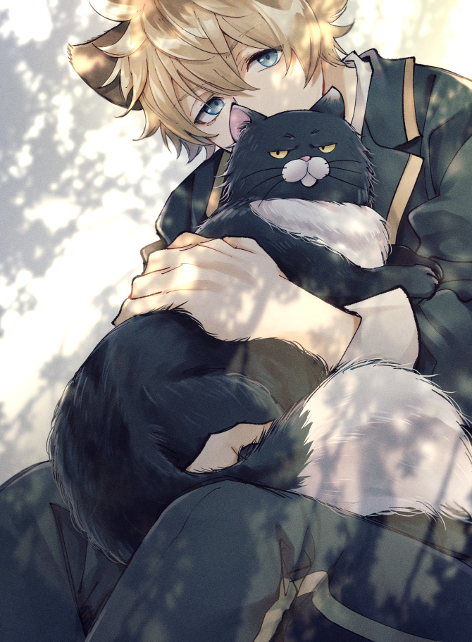 1boy against_wall black_cat black_jacket black_pants blonde_hair blue_eyes cat commentary_request covering_own_mouth dappled_sunlight feet_out_of_frame gold_trim hyena_boy hyena_ears jacket male_focus night_raven_college_uniform pants ruggie_bucchi sunlight twisted_wonderland yupopo_(hidame)