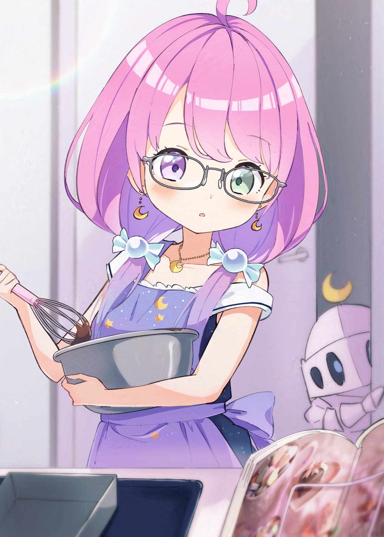 1girl :o ahoge apron blue_dress bowl candy_hair_ornament chocolate_making cookbook crescent crescent_earrings crescent_necklace dress earrings food-themed_hair_ornament frilled_apron frills glasses gradient_hair green_eyes grey-framed_eyewear hair_ornament heterochromia highres himemori_luna himemori_luna_(sundress) holding holding_bowl holding_whisk hololive jewelry low_twintails luknight_(himemori_luna) multicolored_hair necklace off_shoulder pink_hair purple_apron purple_hair star_(symbol) star_print twintails uni_(maru231) violet_eyes virtual_youtuber whisk