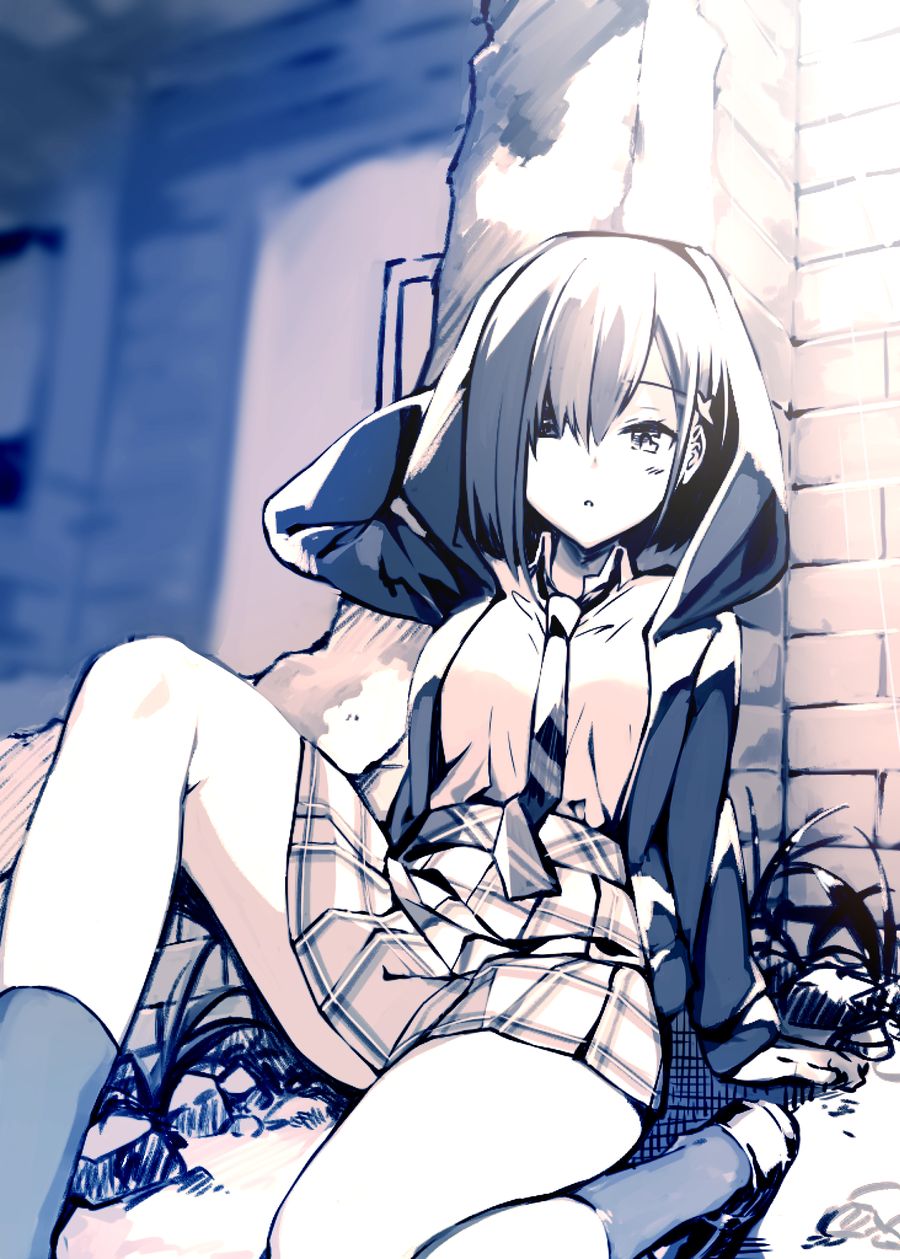 1girl arm_behind_head arm_support asymmetrical_hair blue_theme blurry blurry_background blush bob_cut breasts brick_wall commentary damaged darling_in_the_franxx diagonal-striped_clothes diagonal-striped_necktie dress_shirt foot_out_of_frame grass hair_ornament hair_over_one_eye hairclip hand_on_ground highres hood hood_up hoodie ichigo_(darling_in_the_franxx) knee_up loafers looking_at_viewer medium_breasts monochrome necktie on_ground open_clothes open_hoodie parted_lips plaid plaid_skirt pleated_skirt rei_(rei's_room) rubble ruins school_uniform shirt shoes short_hair simple_background sitting skirt socks solo striped_clothes white_shirt