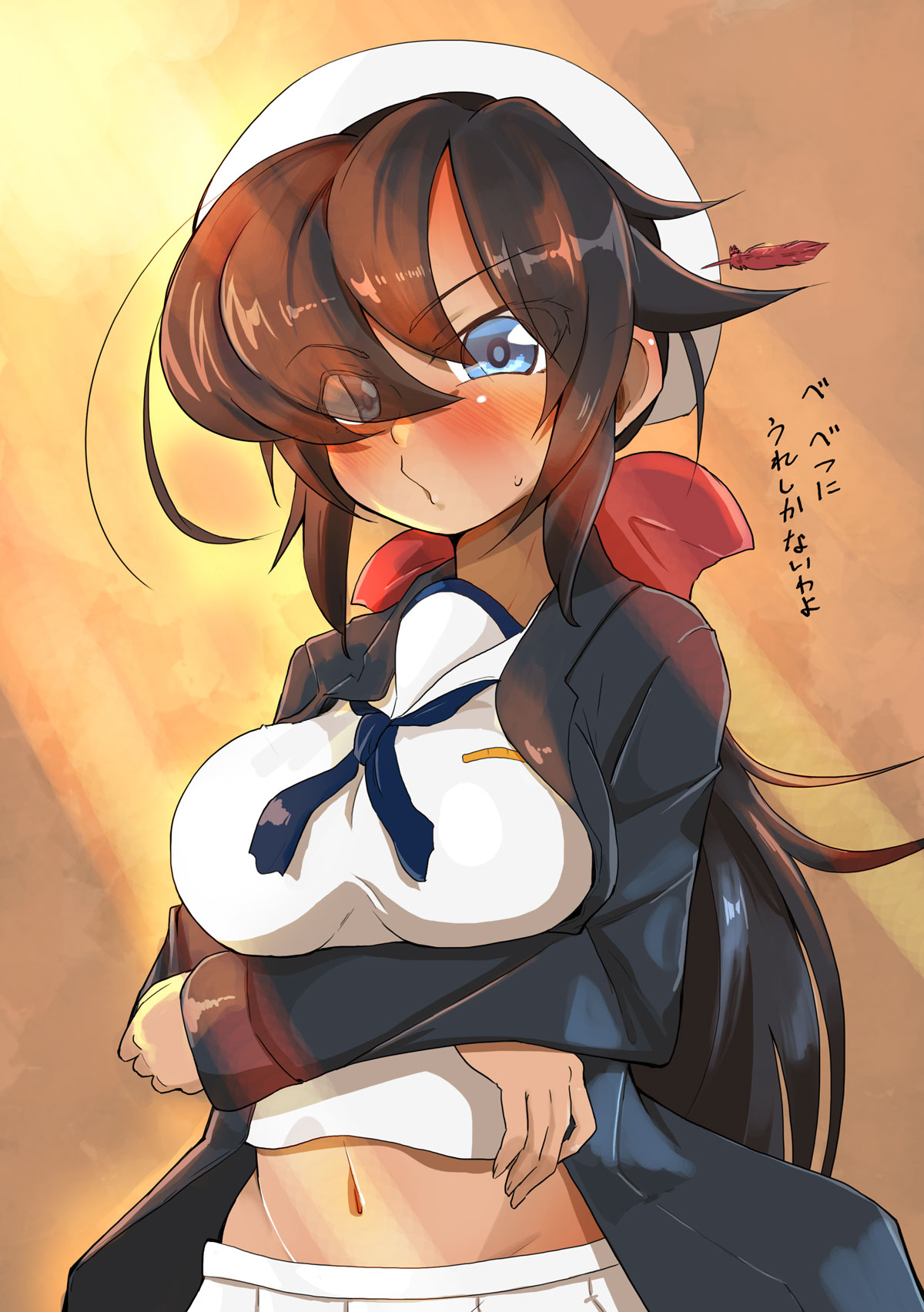 1girl black_coat black_hair black_neckerchief blouse blue_eyes blush bow breast_hold breasts closed_mouth coat commentary crossed_arms dark-skinned_female dark_skin dixie_cup_hat eyes_visible_through_hair frown girls_und_panzer hair_bow hair_over_one_eye hat hat_feather highres jinguu_(4839ms) long_coat long_hair long_sleeves looking_at_viewer midriff military_hat navel neckerchief ogin_(girls_und_panzer) ooarai_naval_school_uniform open_clothes open_coat pleated_skirt ponytail red_bow sailor sailor_collar school_uniform shirt skirt solo standing sunlight sweatdrop white_headwear white_shirt white_skirt