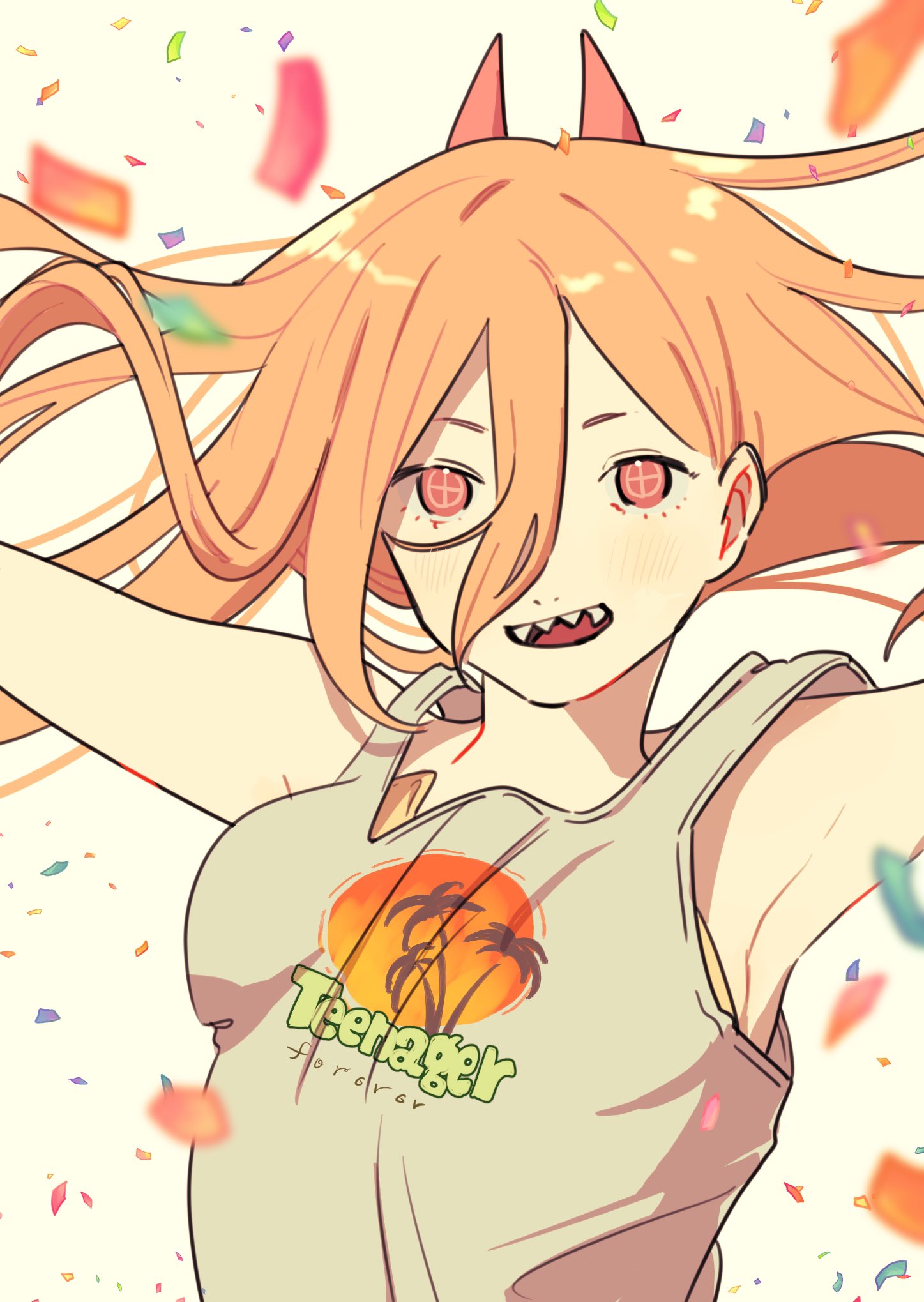 1girl armpits breast_padding chainsaw_man commentary_request confetti cross-shaped_pupils english_text engrish_text grey_tank_top gurukousu hair_between_eyes highres horns open_mouth orange_hair outstretched_arms power_(chainsaw_man) ranguage red_eyes red_horns sharp_teeth smile solo symbol-shaped_pupils tank_top teeth upper_body
