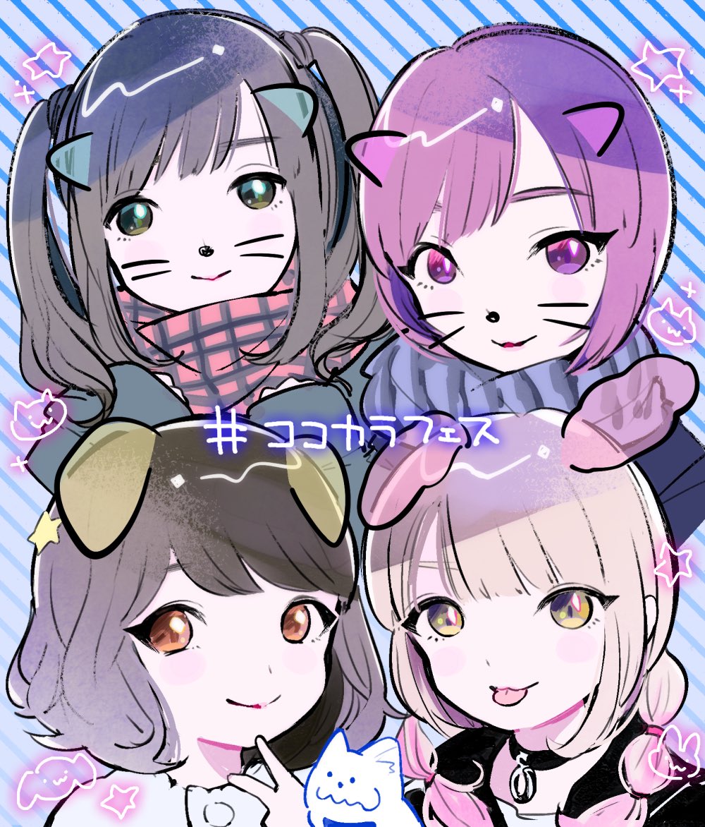 4girls animification black_choker black_hair blue_background blunt_bangs brown_eyes brown_hair character_request choker closed_mouth drawn_ears drawn_whiskers green_eyes hand_up kiato looking_at_viewer multiple_girls pink_hair purple_hair real_life red_scarf scarf short_hair smile striped_background tongue tongue_out twintails upper_body v violet_eyes yellow_eyes
