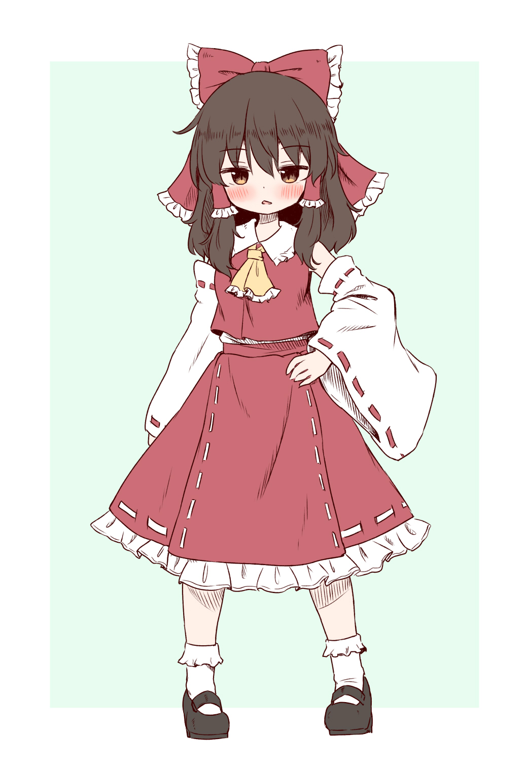 1girl arinu bare_shoulders black_footwear black_hair blush bow brown_eyes detached_sleeves frilled_skirt frills full_body hair_between_eyes hair_bow hair_tubes hakurei_reimu hand_on_own_hip highres japanese_clothes long_hair nontraditional_miko open_mouth red_bow red_skirt ribbon-trimmed_sleeves ribbon_trim shoes sidelocks skirt socks solo touhou white_sleeves white_socks wide_sleeves