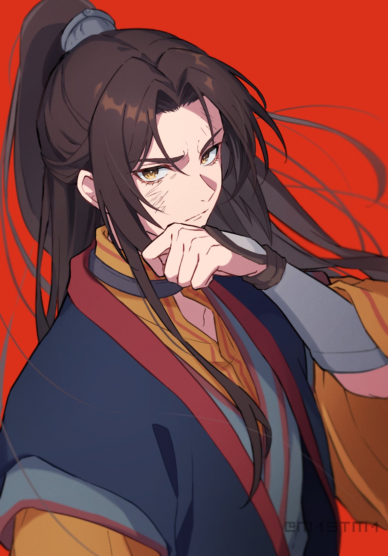 1boy blurry brown_hair bruise bruise_on_face chinese_clothes choker closed_mouth depth_of_field half_updo hand_on_own_face hanfu highres injury long_hair long_sleeves looking_at_viewer m1stm1 mu_qing_(tianguan_cifu) multicolored_clothes parted_bangs red_background simple_background solo tianguan_cifu twitter_username wide_sleeves yellow_eyes