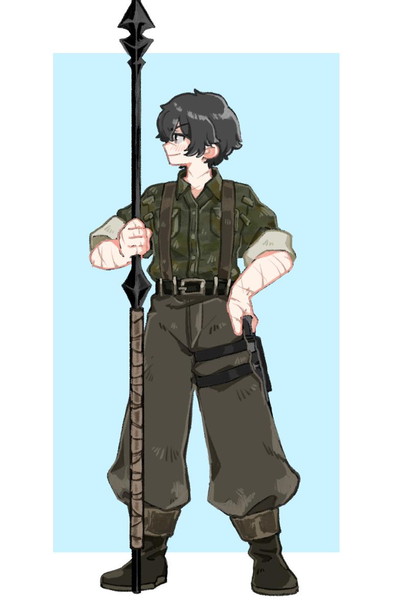 1boy belt black_eyes black_hair black_pants boots brown_belt brown_footwear camouflage camouflage_shirt closed_mouth collared_shirt full_body green_shirt harpoon highres holding holding_weapon limbus_company long_sleeves male_focus pants project_moon puffy_pants shirt solo standing thigh_strap uchimura_(rino0525) weapon yi_sang_(project_moon)