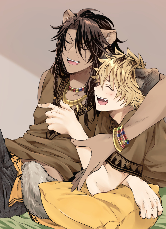 2boys animal_ears arm_around_shoulder bed black_pants blonde_hair blush braid brown_hair brown_shirt closed_eyes commentary_request cowboy_shot dark-skinned_male dark_skin hyena_boy hyena_ears indoors jewelry leona_kingscholar lion_boy lion_ears long_hair looking_at_viewer male_focus multiple_boys multiple_bracelets multiple_necklaces necklace open_mouth pants pillow ruggie_bucchi scar scar_across_eye shirt short_hair smile tail teeth twin_braids twisted_wonderland upper_teeth_only yupopo_(hidame)