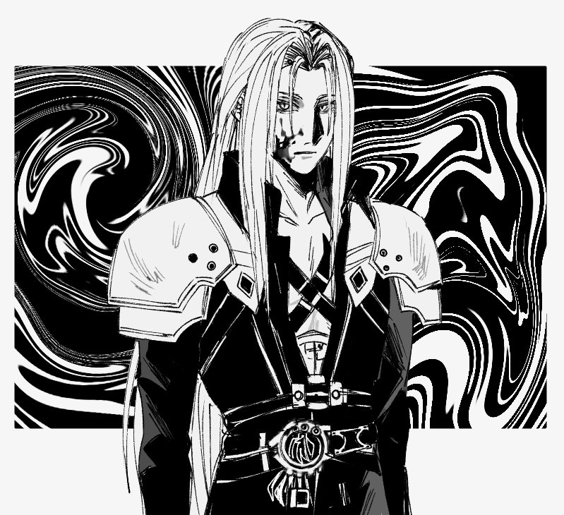 1boy abstract_background armor belt black_belt black_coat blood blood_on_face chest_strap coat expressionless final_fantasy final_fantasy_vii final_fantasy_vii_remake greyscale high_collar long_bangs long_coat long_hair looking_to_the_side male_focus monochrome mtr_dayoo multiple_belts parted_bangs pauldrons sephiroth shoulder_armor slit_pupils solo standing upper_body