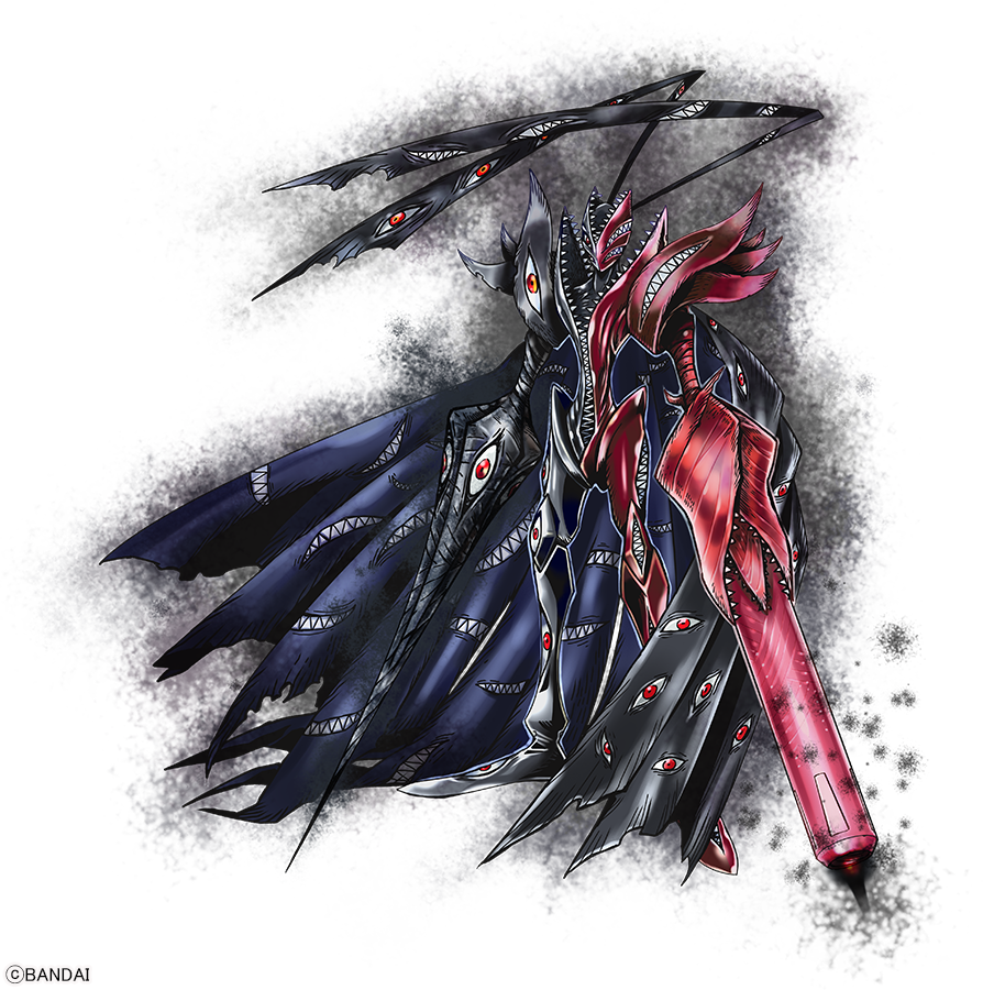 abbadomon abbadomon_core arm_blade arm_cannon bandages black_cape black_skin cape claws colored_skin digimon digimon_(creature) extra_eyes extra_mouth lance monster official_art polearm red_eyes red_skin sharp_teeth teeth weapon