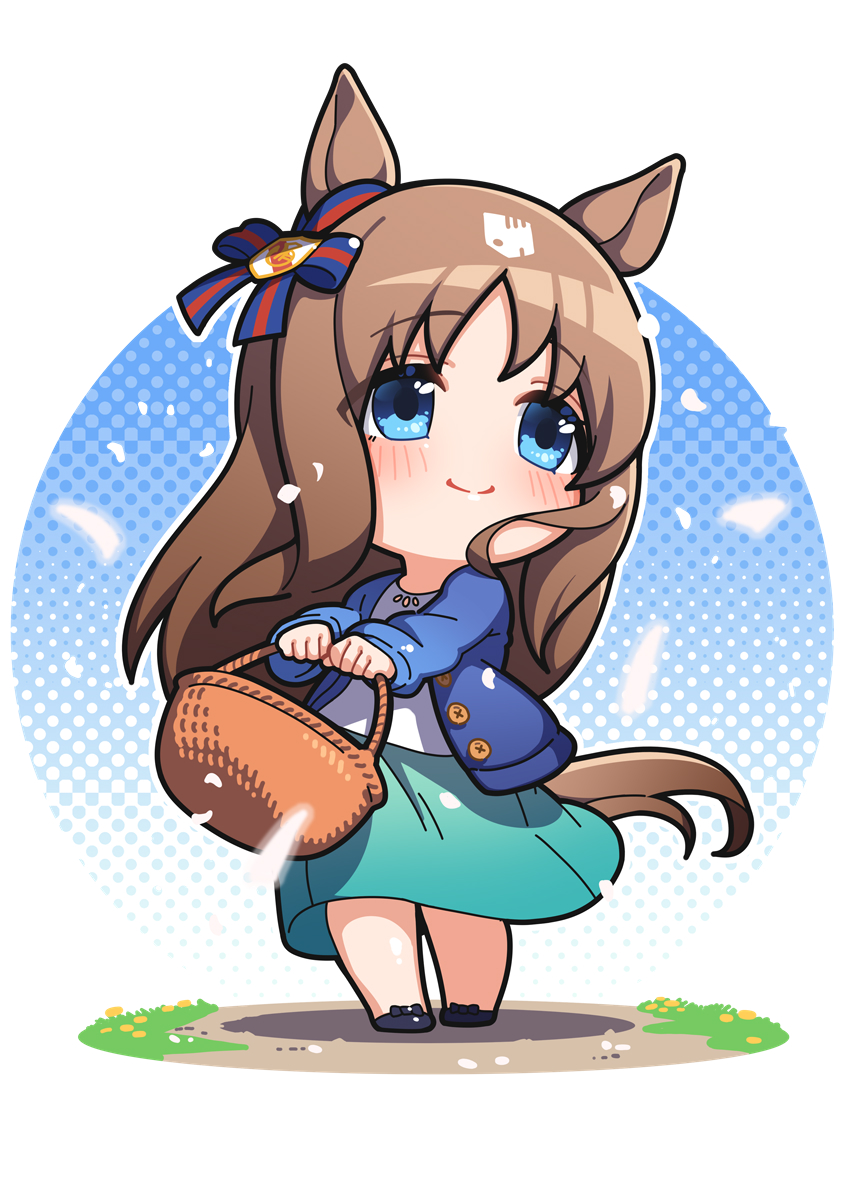 1girl animal_ears basket black_footwear blue_cardigan blue_eyes blue_ribbon cardigan chibi closed_mouth ear_ribbon full_body grass_wonder_(umamusume) highres holding holding_basket horse_ears horse_girl horse_tail light_brown_hair light_smile long_sleeves looking_to_the_side multicolored_hair no_nose open_cardigan open_clothes red_ribbon ribbon shirt skirt standing streaked_hair tail two-tone_ribbon umamusume warashi white_shirt