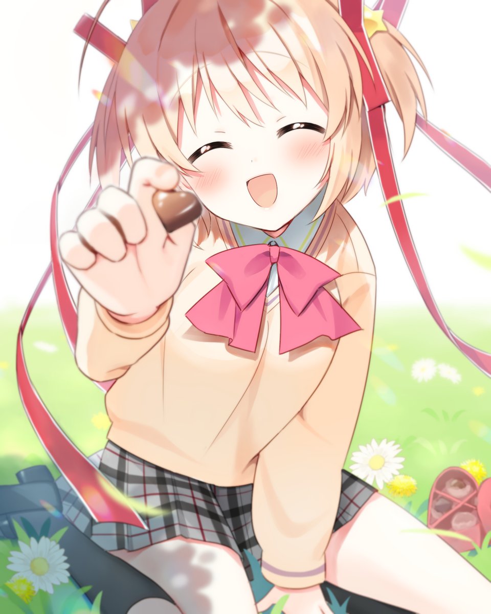 1girl blonde_hair blush bow candy chocolate food hair_ornament hair_ribbon haruchimo heart heart-shaped_chocolate highres kamikita_komari little_busters! little_busters!_school_uniform open_mouth pink_bow plaid plaid_skirt ribbon school_uniform short_hair skirt smile solo twintails