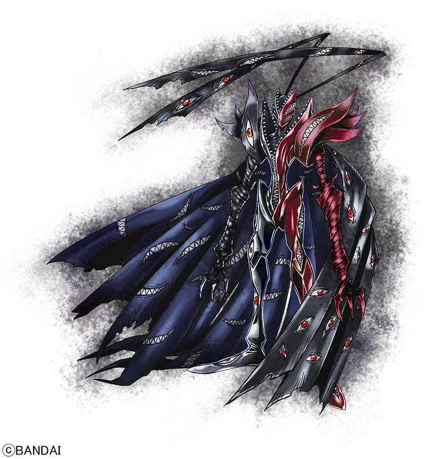 abbadomon abbadomon_core bandages black_cape black_skin cape claws colored_skin digimon digimon_(creature) extra_eyes extra_mouth monster official_art red_eyes red_skin sharp_teeth teeth